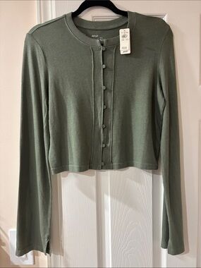 aerie Sage Green Cropped Button-Up Cardigan